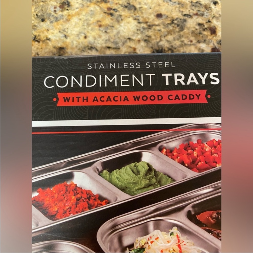 Stainless Steel Condiment Trays with Acacia Wood Caddy